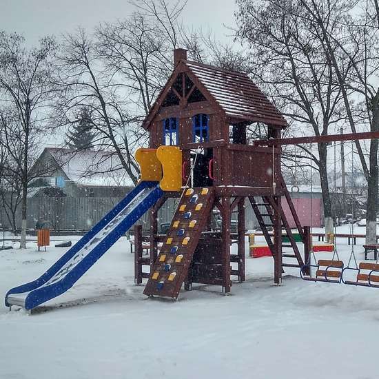 Сайт Дитячий сучасний майданчик з дерева Дача з гойдалками, синій 11001.18 фото зображення