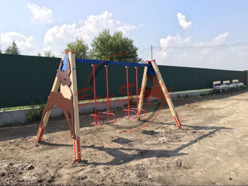 Вулична дитяча гойдалка на дерев&rsquo;яних стійках подвійна на майданчик DIO316 фото реальне зображення товару