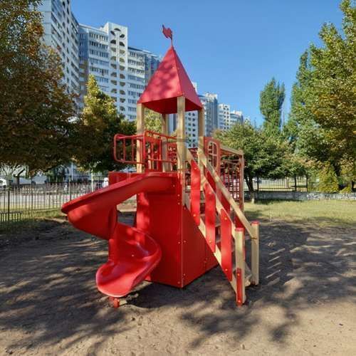 Дитячий ігровий комплекс "Вежа" зі скалодромом і гвинтовою горкою DIO772 фото реальне зображення товару